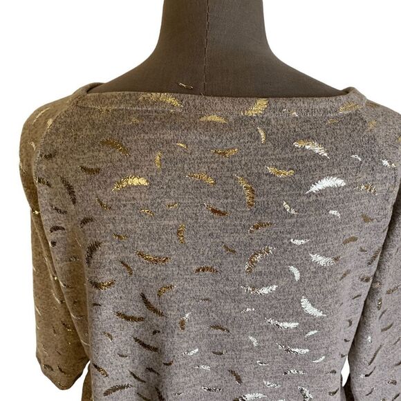 SjS Women's size 2X heather peach gray 3/4 sleeve Metallic gold leaf Sweater - Picture 8 of 10